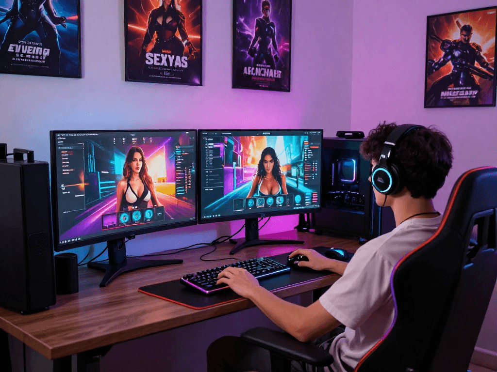 Immersive sex simulator gaming setup with vibrant screens and dynamic lighting