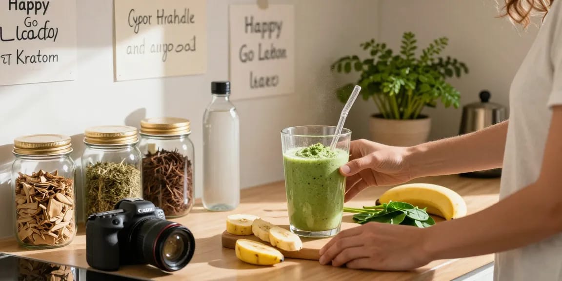 Happy Go Leafy kratom for energy smoothie preparation scene in a bright kitchen.