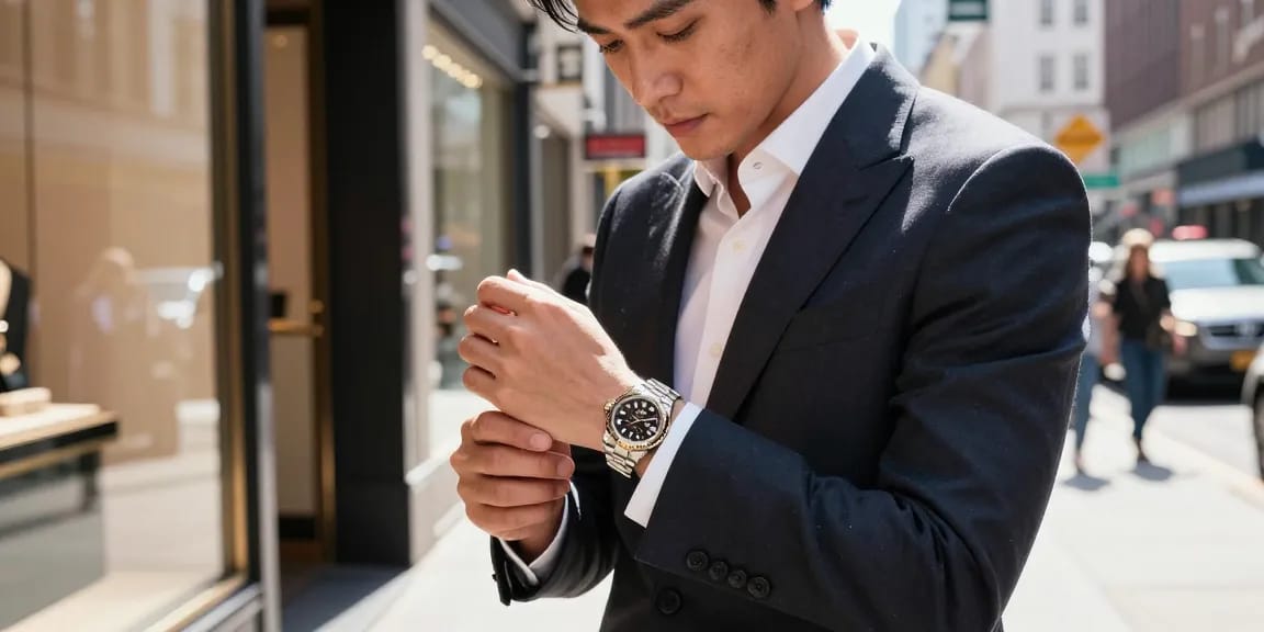 Admiring Rolex super clone watches in a vibrant urban setting, showcasing luxury and style.
