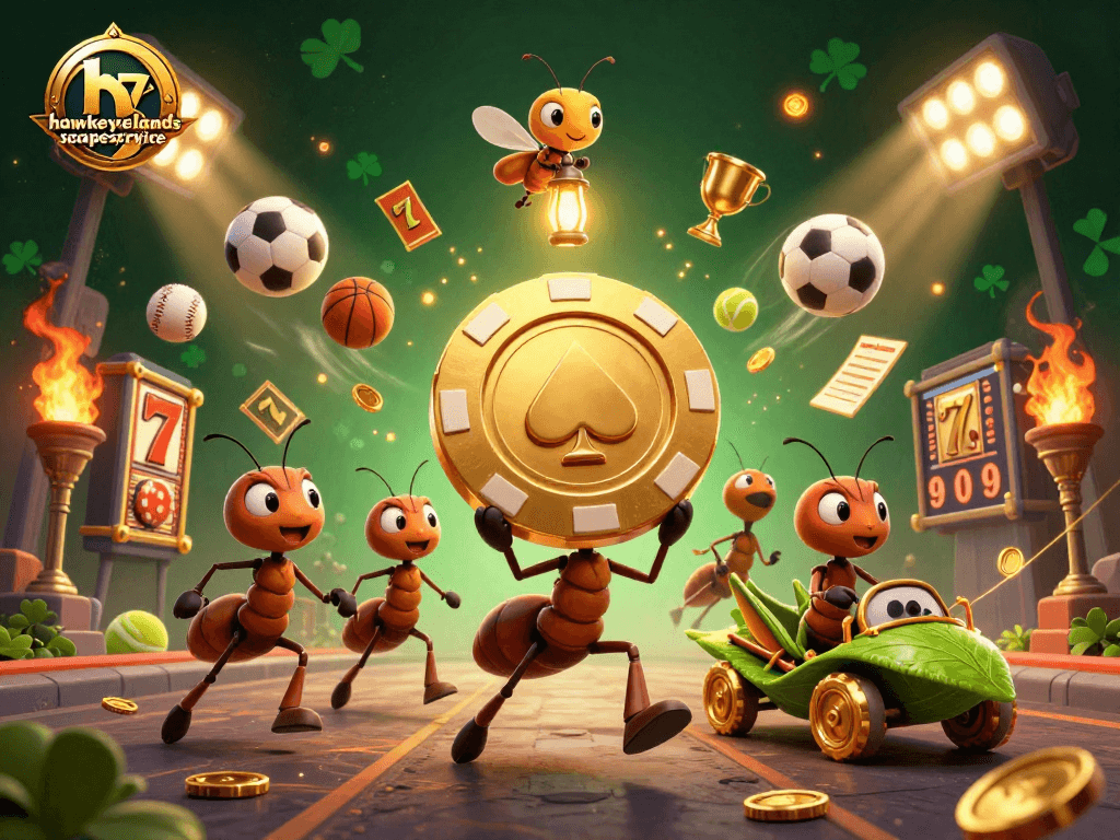 hawkeyelandscapeservice team of cartoon ants heist with golden poker chip and casino elements