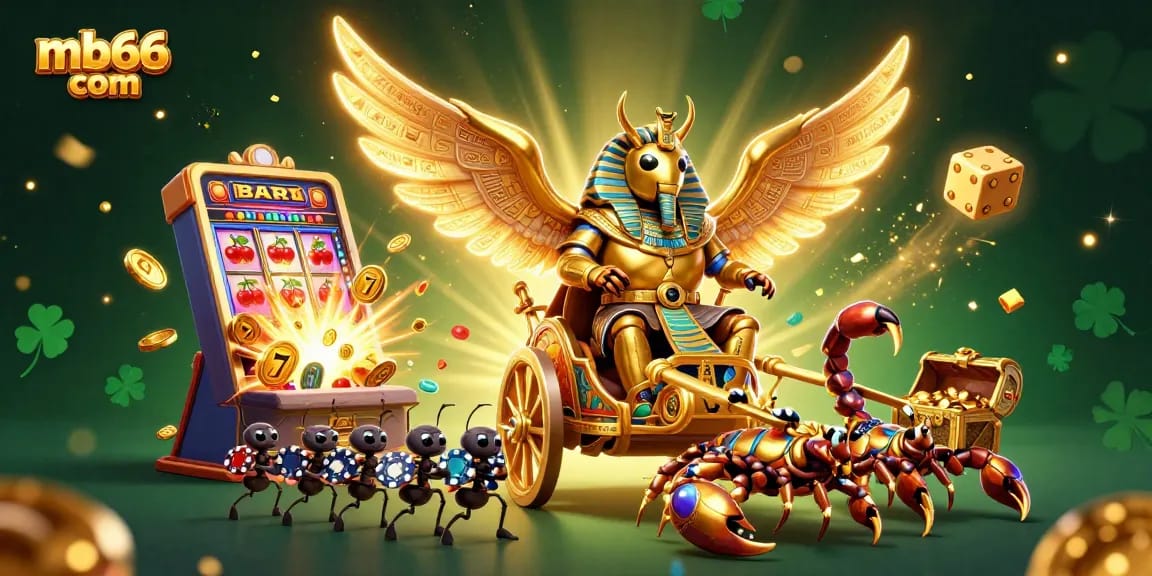 Experience the thrill at mb66 com with a vibrant 3D casino scene featuring a golden scarab and dynamic slot action.