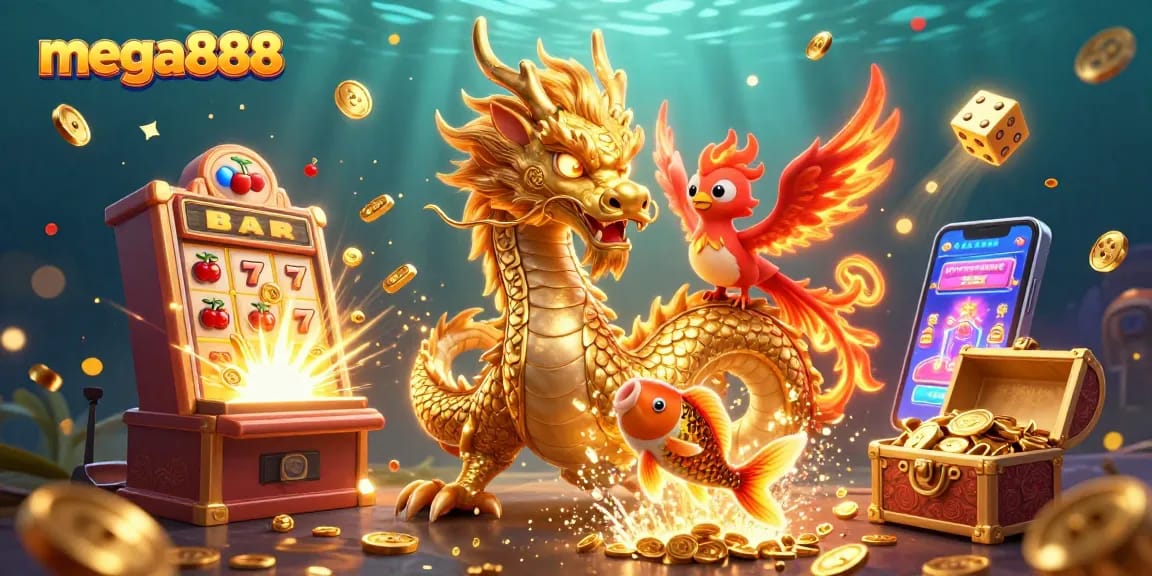 Mega888 menawarkan pengembaraan menarik dengan naga Cina dan simbol kemenangan slot yang bercahaya.