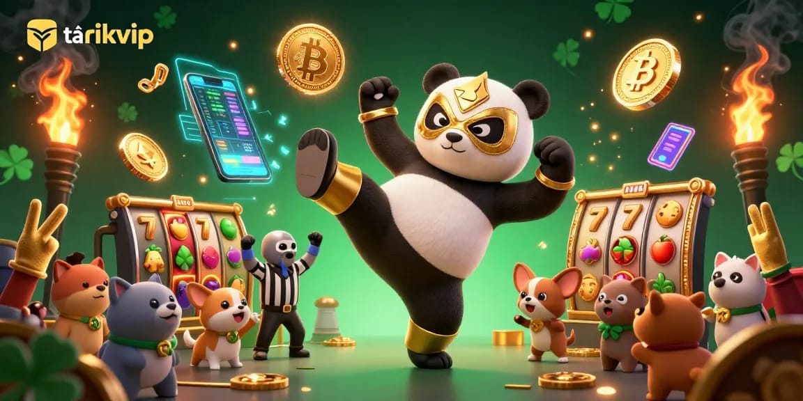 Animated scene showing tải rikvip with a panda wrestler kick and crypto elements, engaging casino excitement.