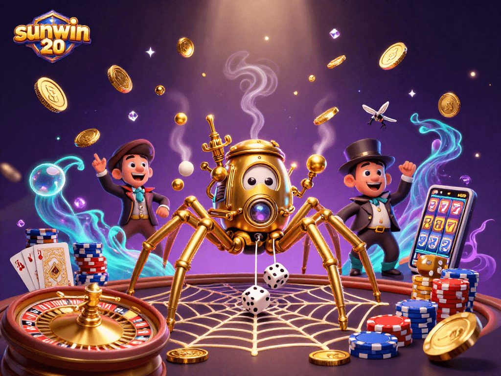 Experience the thrill of sunwin 20 with steampunk characters among cascading coins and vibrant casino elements.