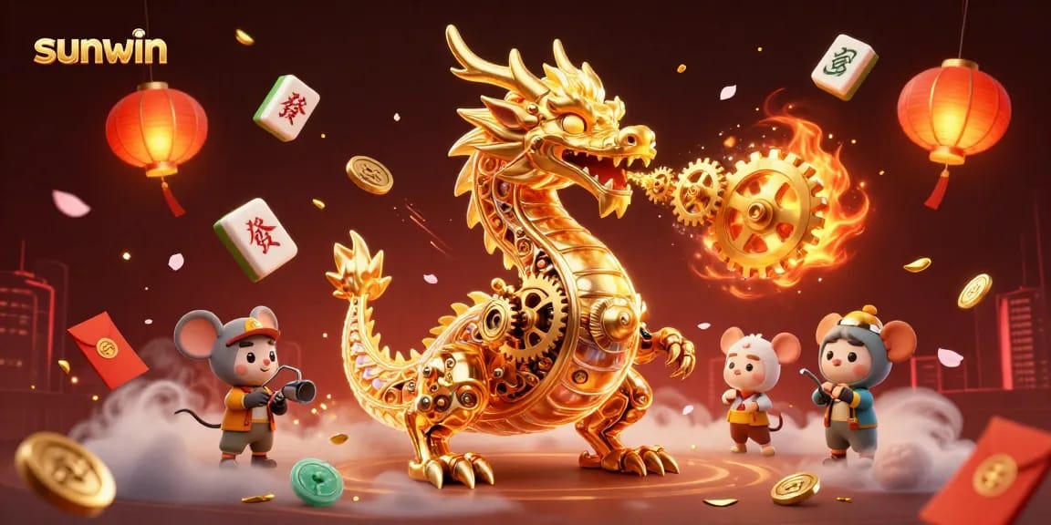 Engage in thrilling casino adventures with sunwin featuring a golden dragon amidst festive symbols.