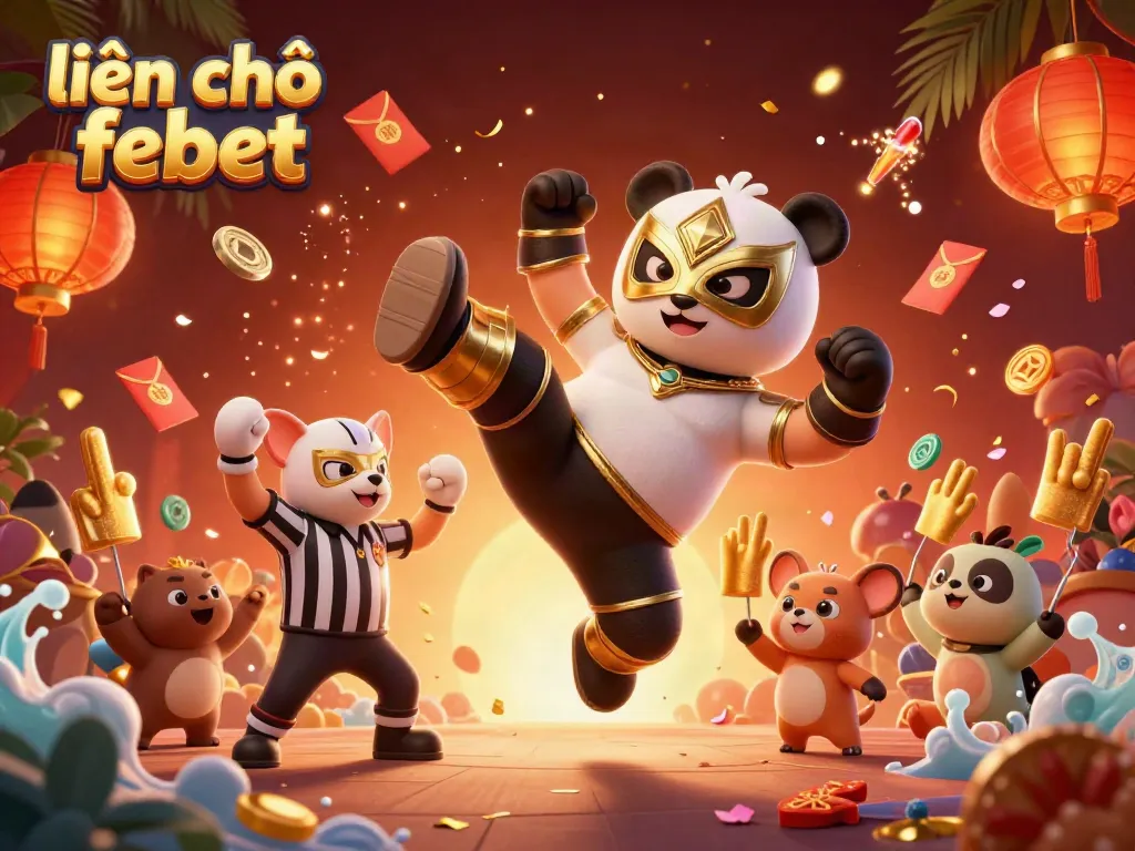 Engage with the excitement of "liên hệ febet" through a lively illustration highlighting a wrestling panda, festive lanterns, and fun animal spectators.