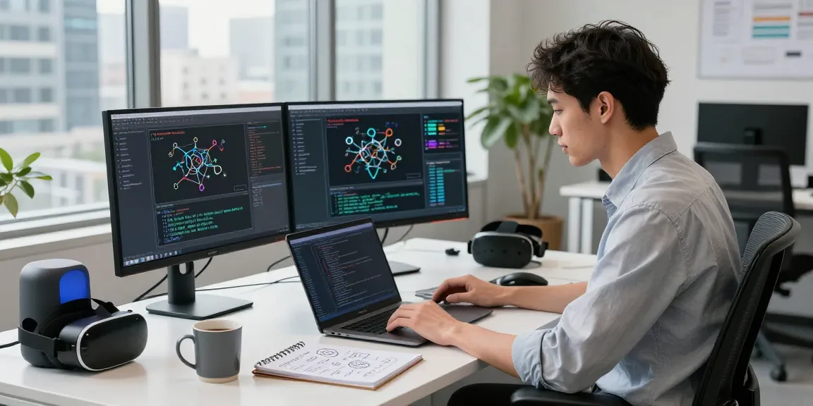 AI agents developer coding in a modern office with data visualizations on screens, showcasing innovative technology.