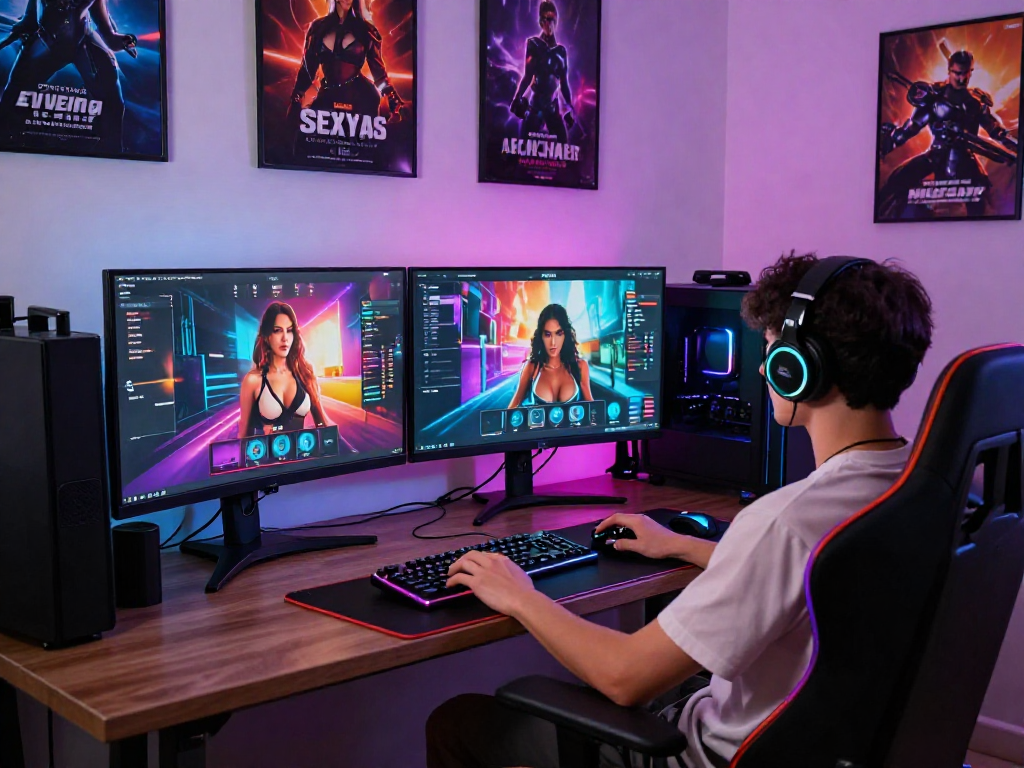 Immersive sex simulator gaming setup with vibrant screens and dynamic lighting