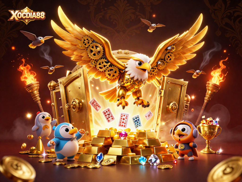 Experience the excitement of XOCDIA88 with a dynamic scene of a cybernetic eagle and holographic cards.