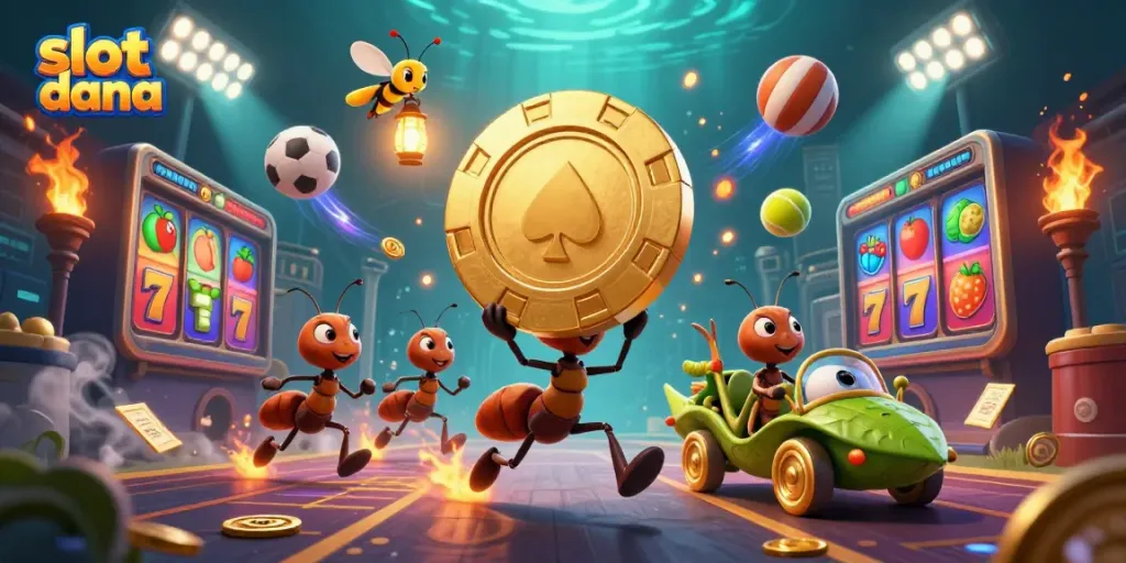 Engage in "slot dana" with dynamic 3D illustrations showcasing casino excitement and colorful game elements.
