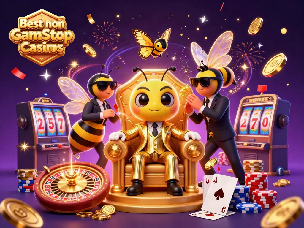 Engage with the Best non Gamstop Casinos featuring a bumblebee mob boss and vibrant casino elements.