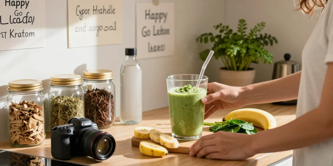 Happy Go Leafy kratom for energy smoothie preparation scene in a bright kitchen.