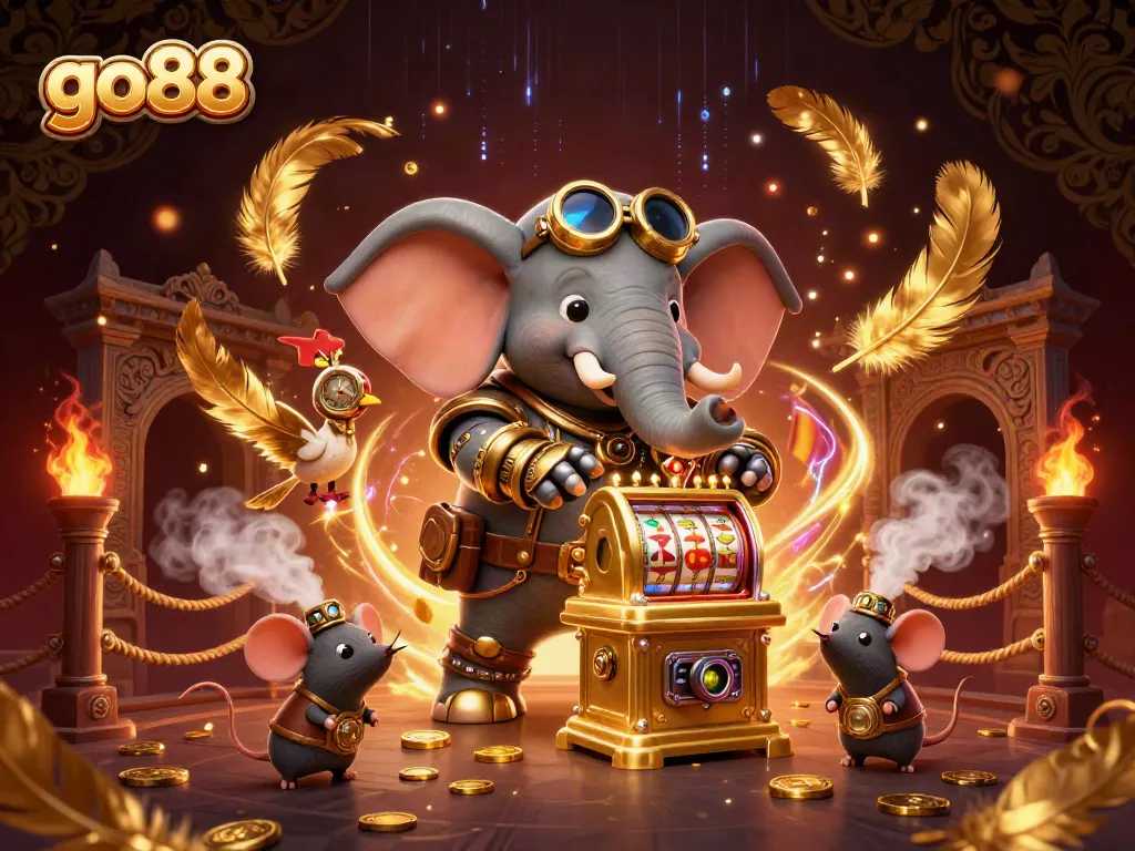 Experience the thrill of go88 gaming with steampunk characters amidst swirling gold coins and vibrant elements.