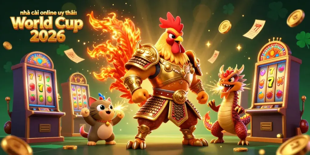 Engage with nhà cái online uy tín World Cup 2026 in a vibrant 3D gambling scene featuring a heroic rooster warrior and a dragon.