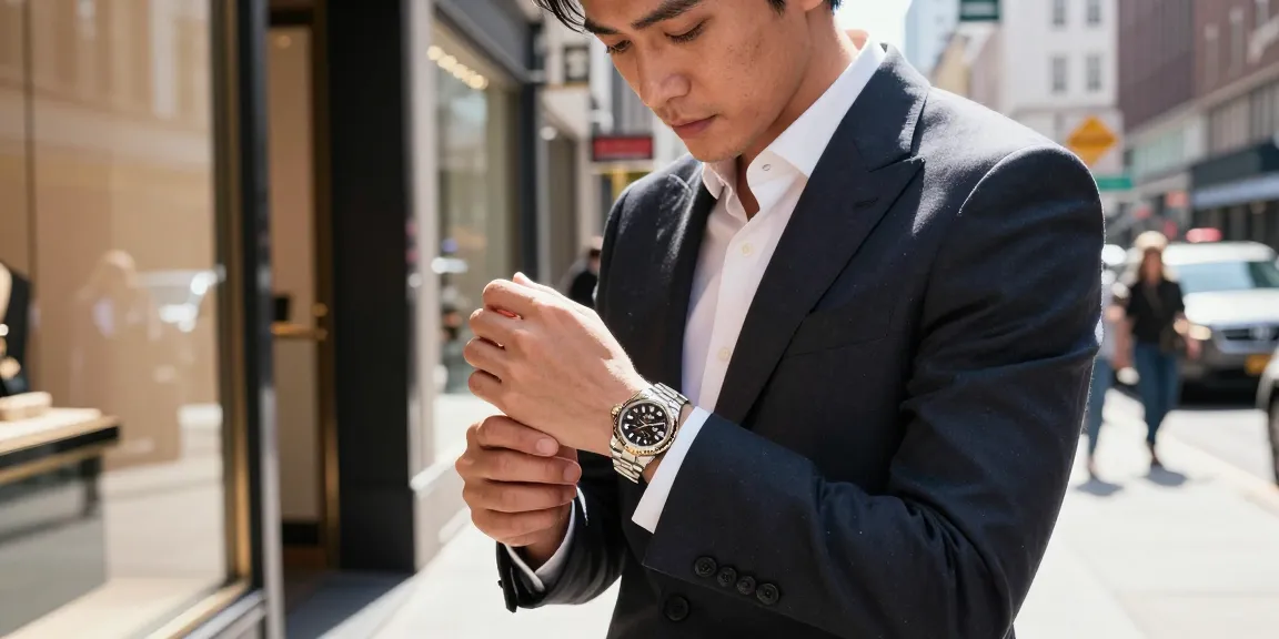 Admiring Rolex super clone watches in a vibrant urban setting, showcasing luxury and style.