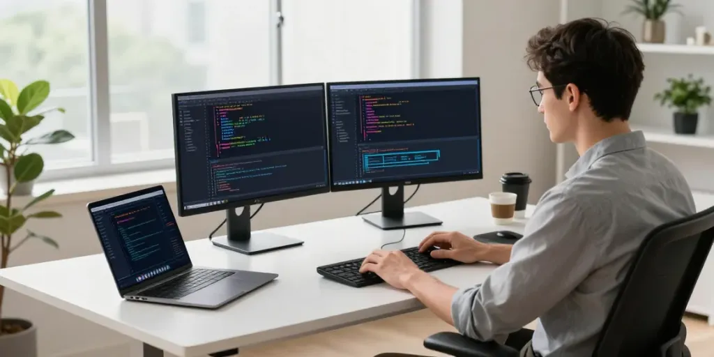 Modern tech workspace showcasing instant indexing tools and coding environment.