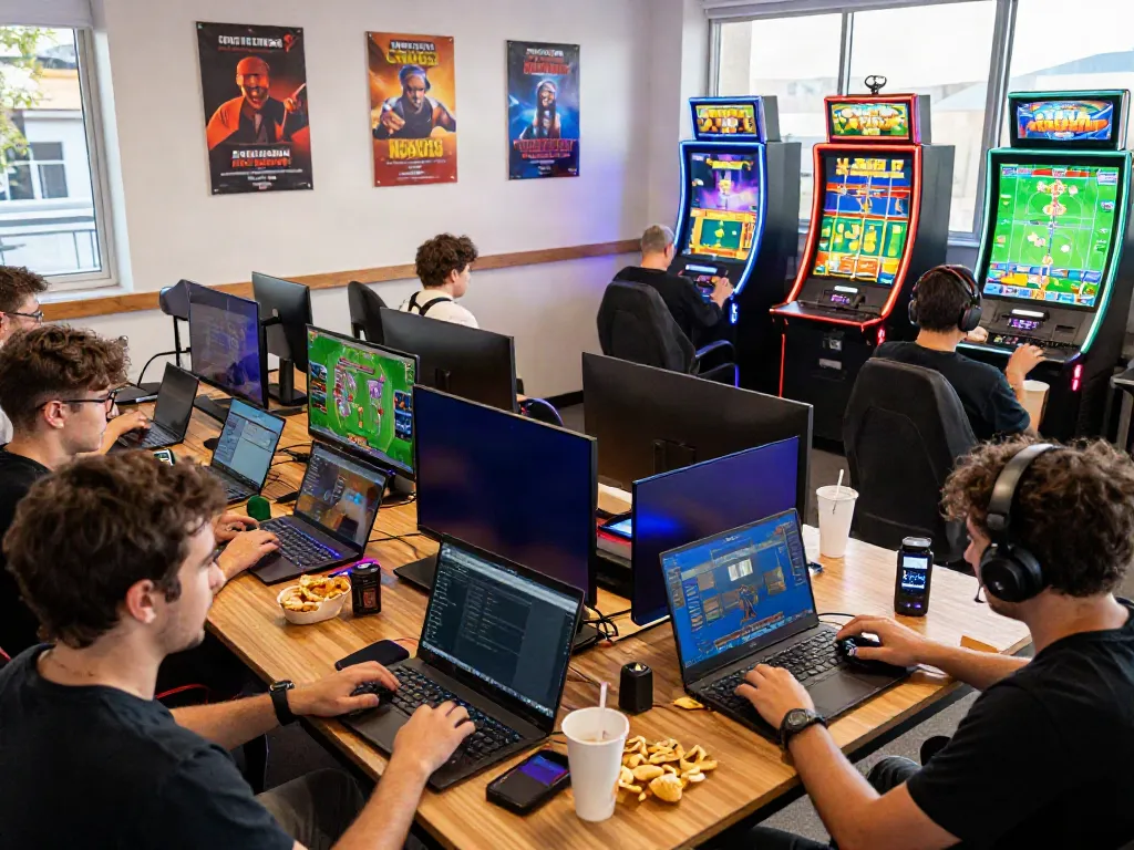 Engaged players on the DEBET platform enjoying various online games in a vibrant gaming lounge.