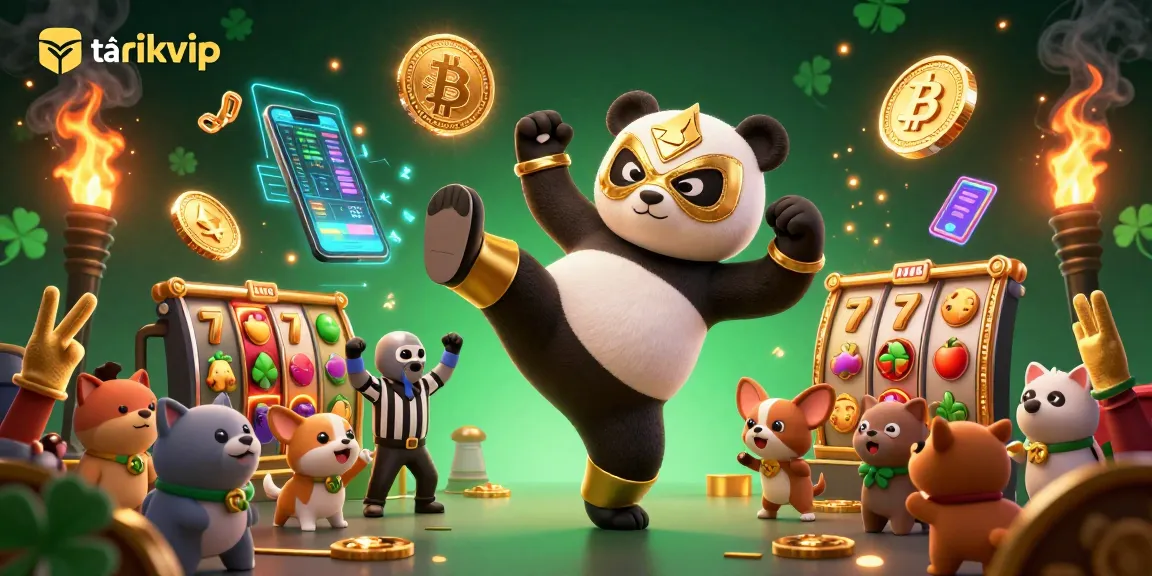 Animated scene showing tải rikvip with a panda wrestler kick and crypto elements, engaging casino excitement.