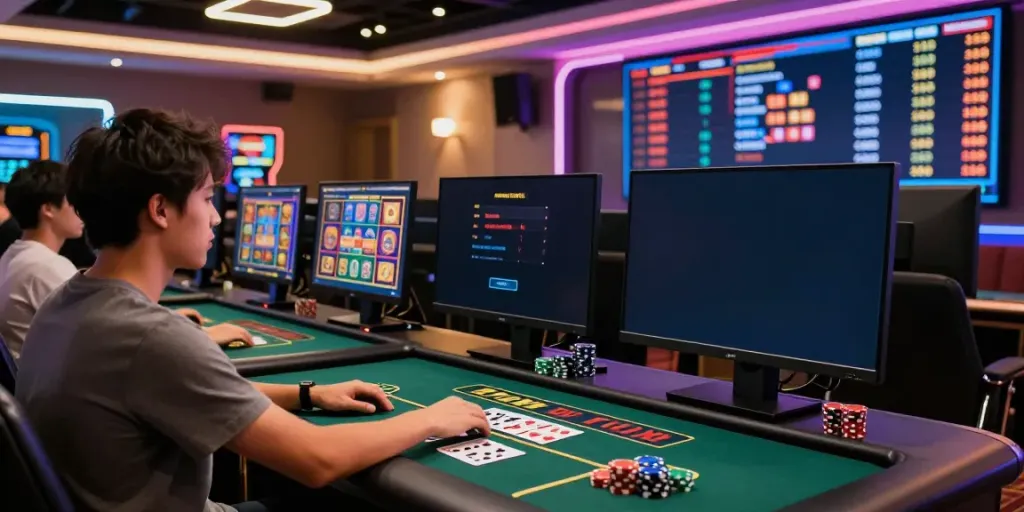 Player enjoying the thrilling experience at TX88 online gambling platform, surrounded by gaming essentials.