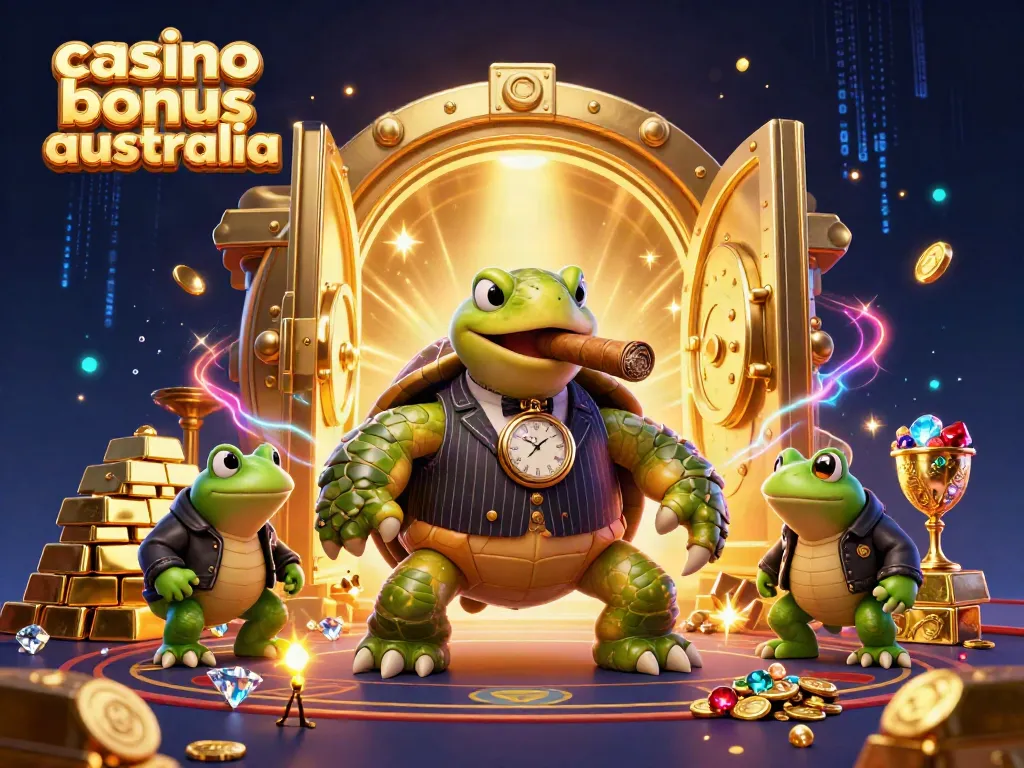 Engage with top casino bonus australia offers in a vibrant 3D scene featuring a turtle mobster.