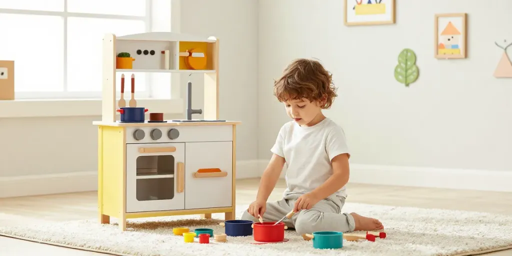 A child happily playing in a vibrant play kitchen, surrounded by colourful toy food and cooking accessories.