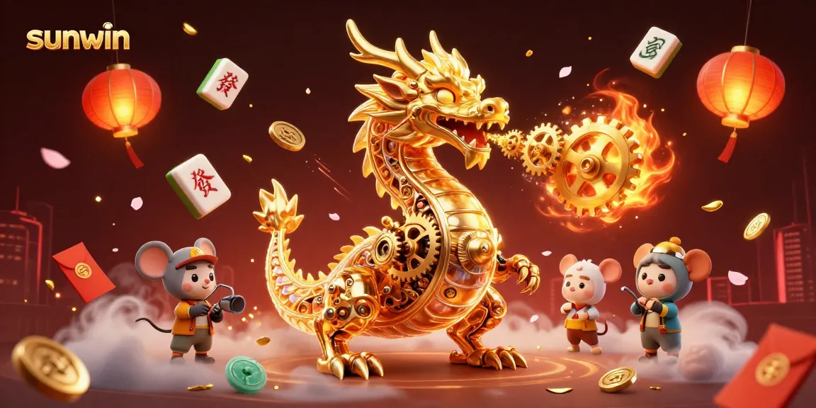 Engage in thrilling casino adventures with sunwin featuring a golden dragon amidst festive symbols.