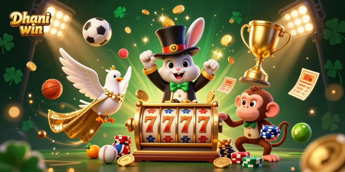 Dhani win invites players with an energetic scene of a magician rabbit, dove, and monkey amidst vibrant slot reels and sparkling coins.