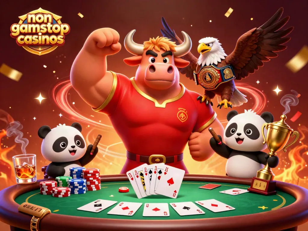 Experience the excitement of non gamstop casinos with a dynamic victory scene involving a bull, eagle, and panda amidst poker cards and chips.