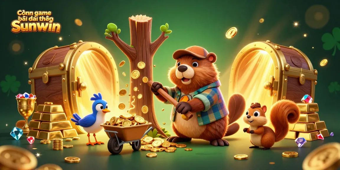 Cổng game bài đổi thưởng Sunwin showcases the lumberjack beaver collecting gold coins in a vibrant casino scene.