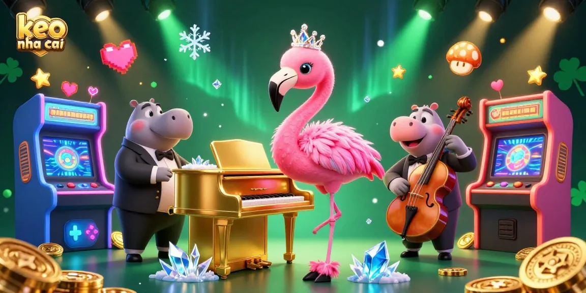 Experience excitement with keo nha cai in this vibrant casino scene featuring a flamingo singer and hippo bassist.