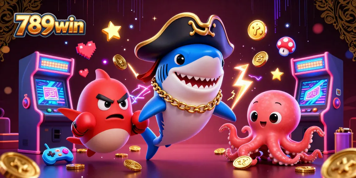 Play exciting games with 789win featuring vibrant characters, arcade machines, and dynamic casino elements.