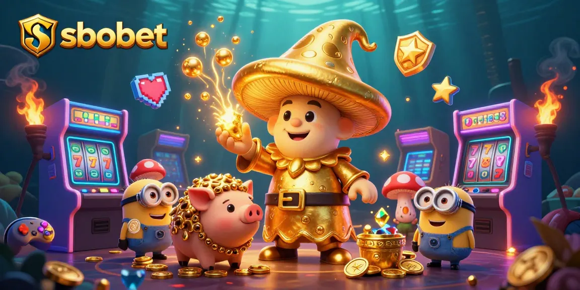 Enjoy sbobet's golden magic with a wizard and truffle pig amidst dynamic casino-themed visuals.