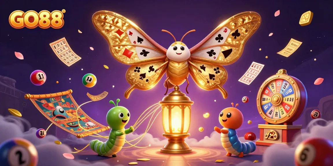 Experience the thrill at GO88 as vibrant lottery balls and a stunning moth decorate the casino scene.