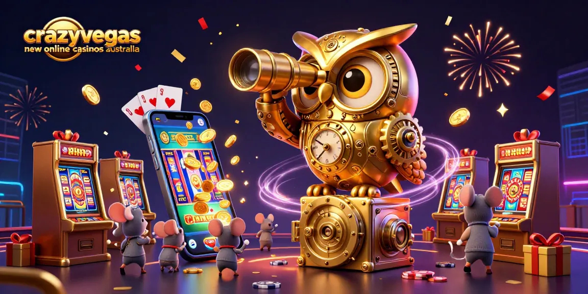 Experience the thrill with crazyvegas new online casinos australia featuring a dynamic casino scene with a golden owl and tiny mice.